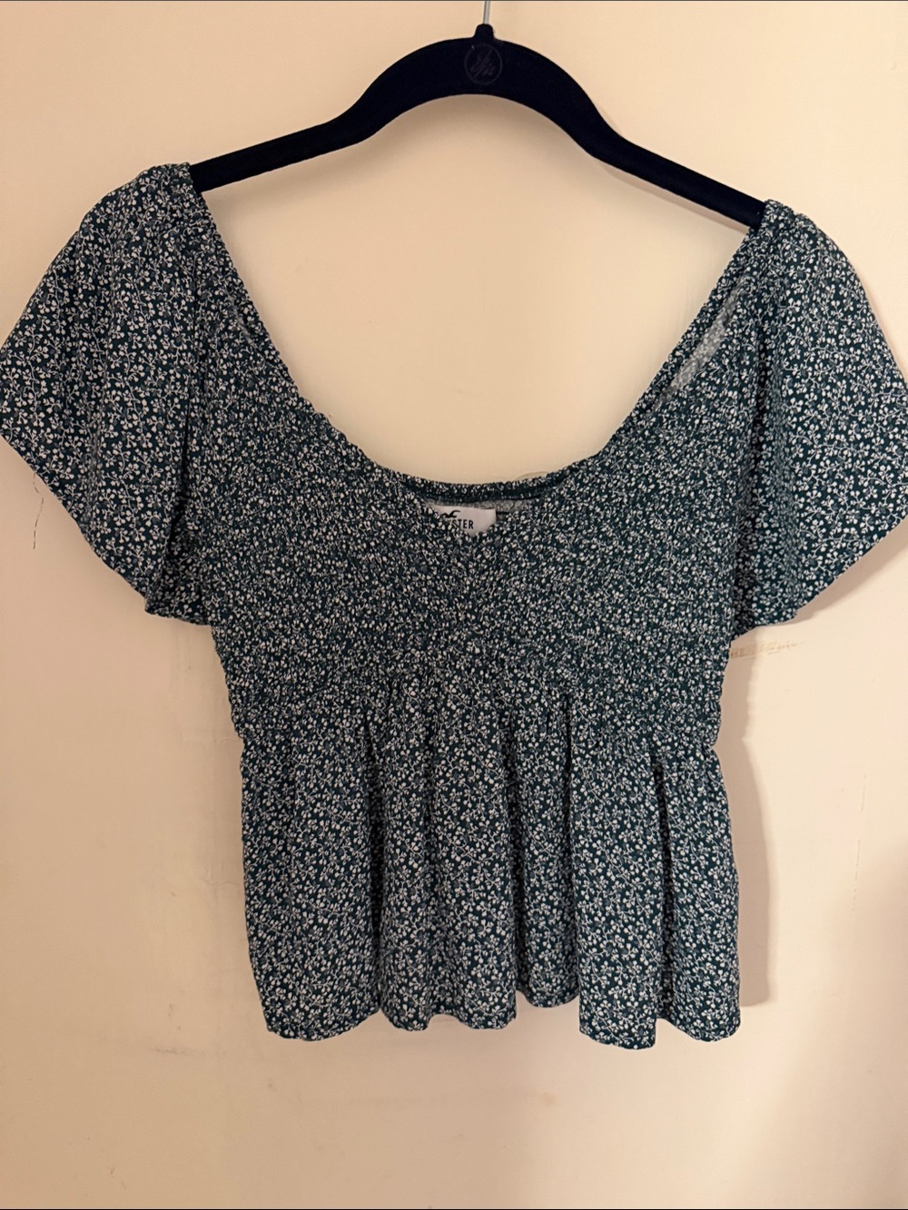 Hollister Dark Green Floral Smocked Peplum Top